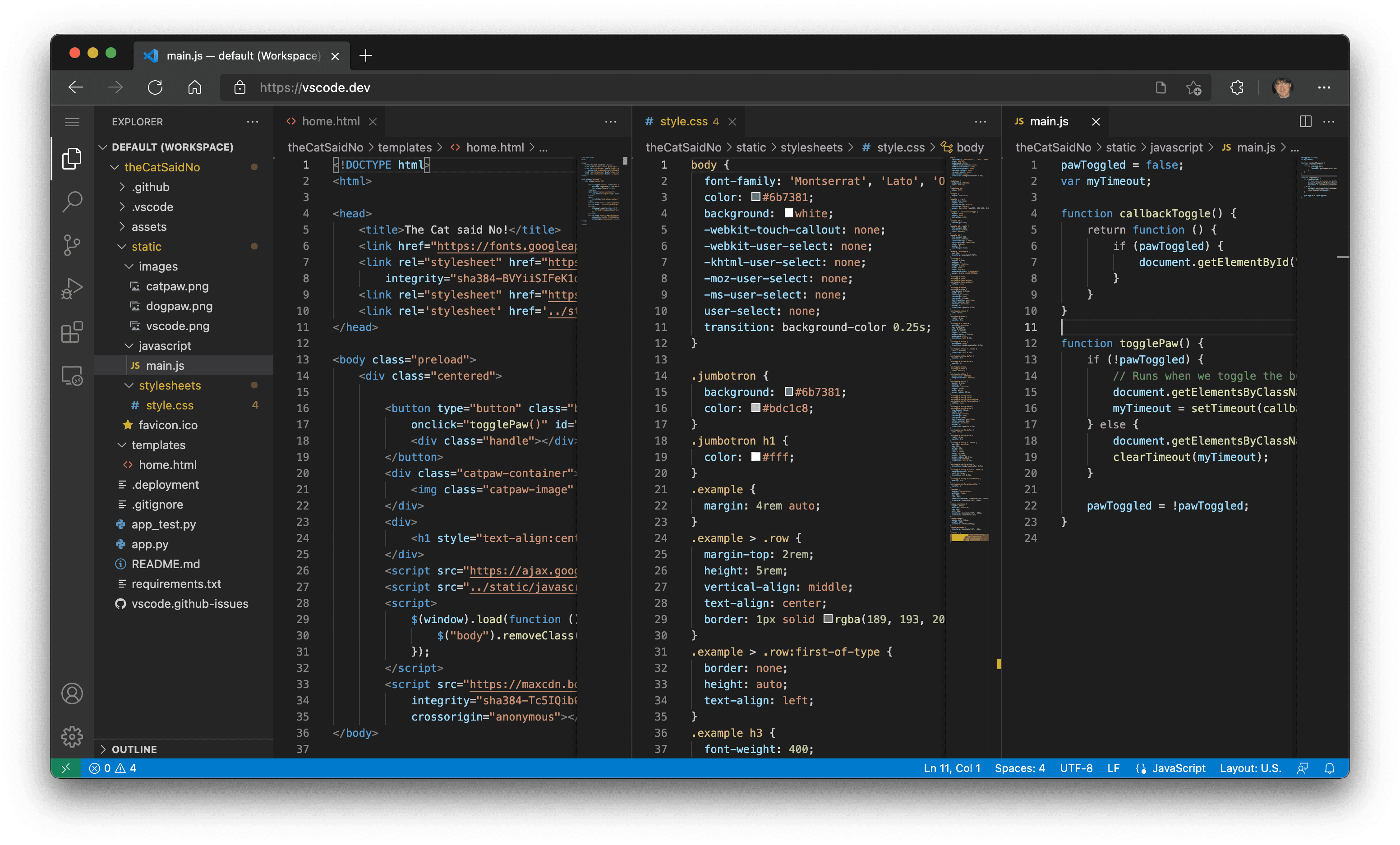 Screen showing three columns of code on VS Code Node.js development tool