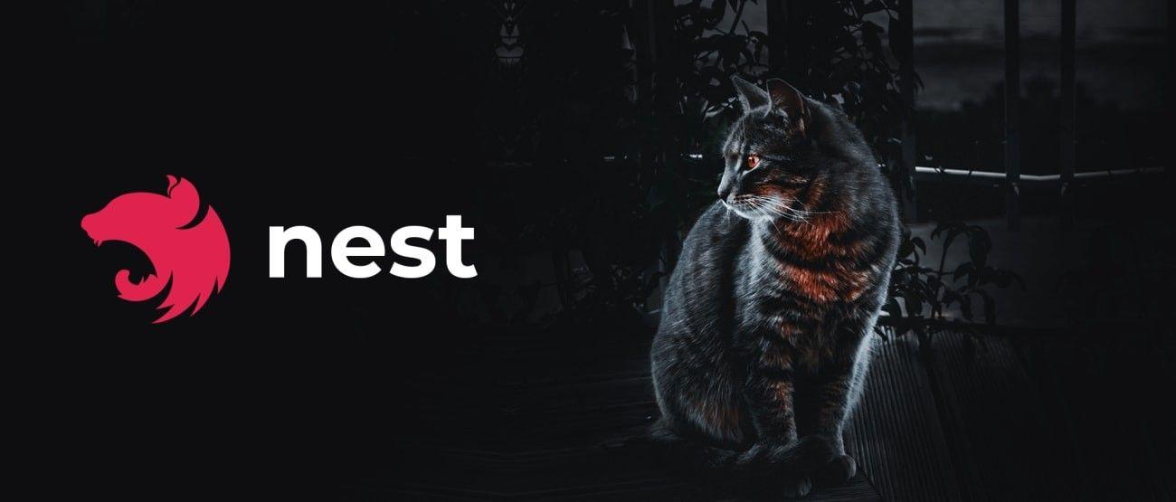 A black cat looking at the red lion crest of the Nest.js logo