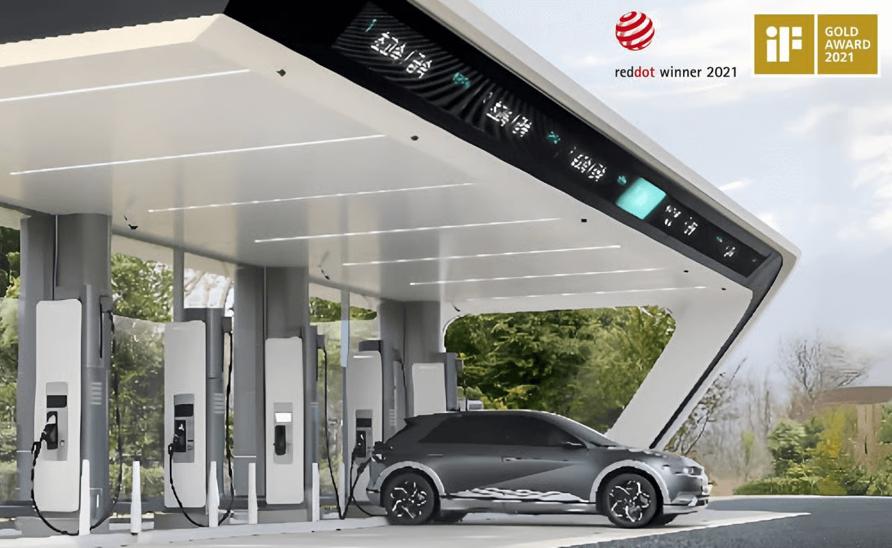 Chinese EV charging station with an SUV charging at a port