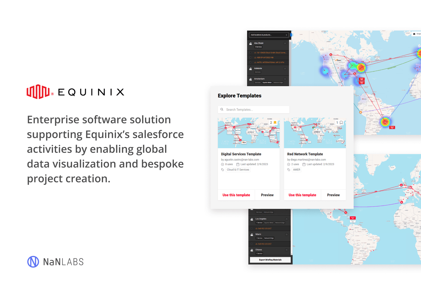 Equinix data visualization templates showing heatmaps on a world map