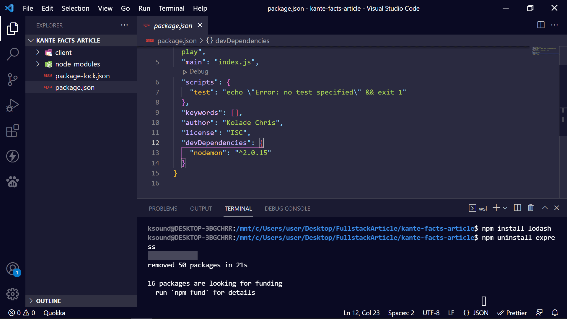 How to remove a package on npm showing a dark screen with multiple lines of code