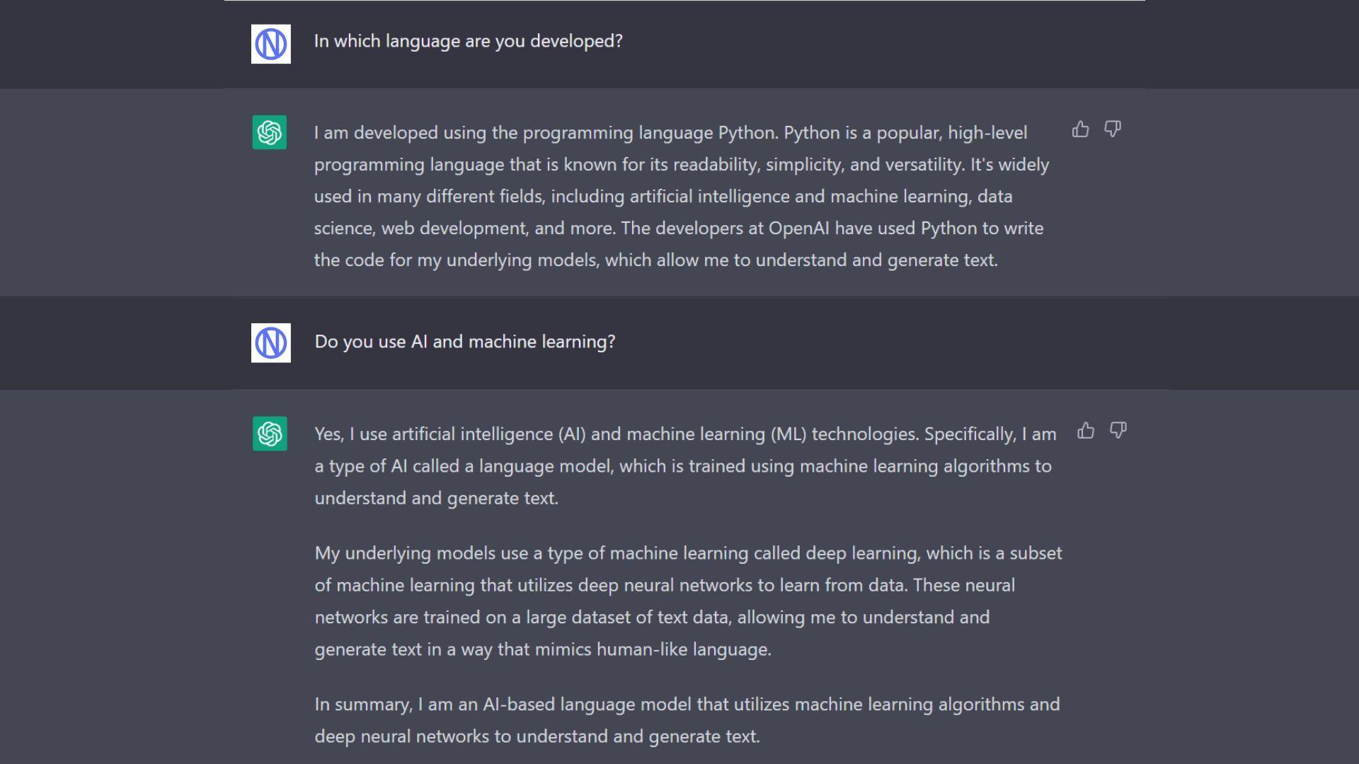 Conversation with the language model from OpenAI ChatGPT on machine learning and Python